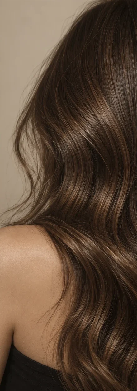 Long, glossy brunette waves — from the E.V Hair Studio opening-special artwork